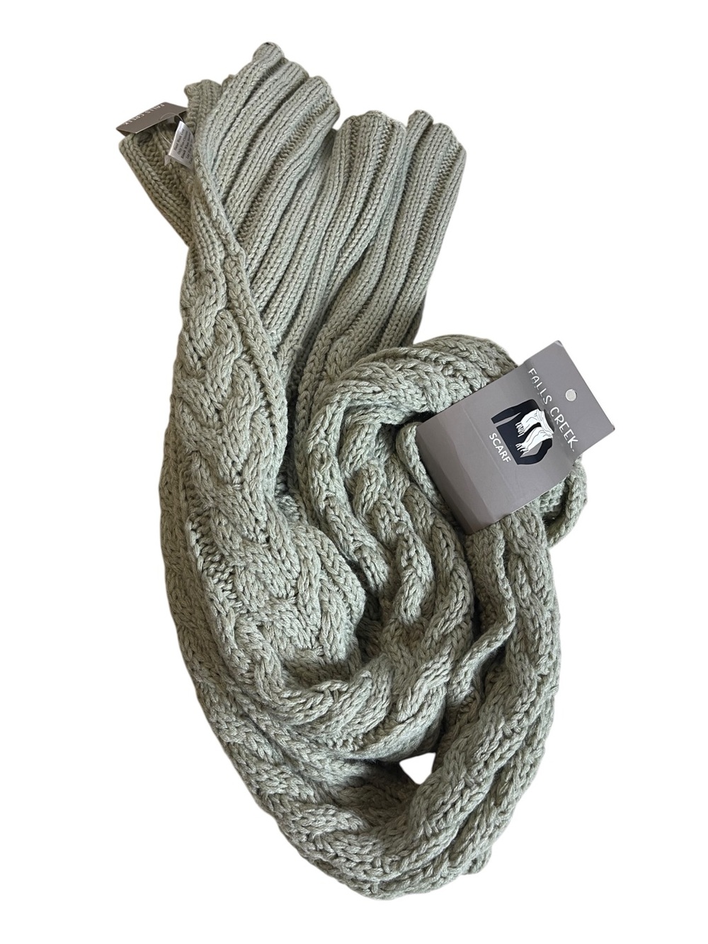 Falls Creek sage green cable knit scarf